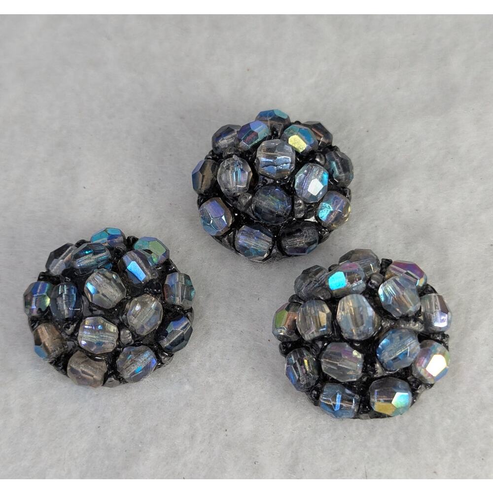 3 Vtge 70"s blue aurora buttons 1 1/8"pot metal backsMade of domed beads EVC